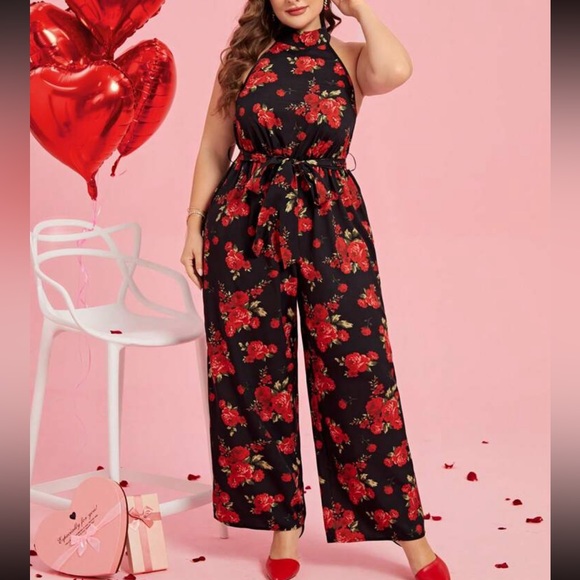 Plus Size Floral Backless Open Back Halter Top Wide Leg Palazzo Pants Jumpsuit - Picture 2 of 7